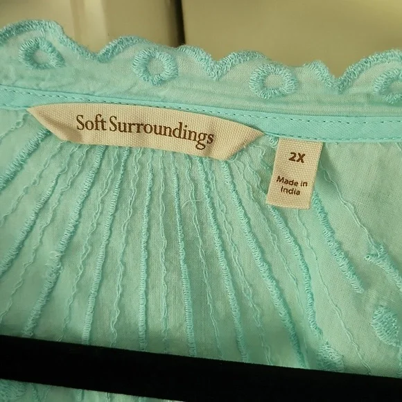 Soft surroundings V-Neck Cotton Embroidered Crop Blouse 2x Aqua - Picture 3 of 8